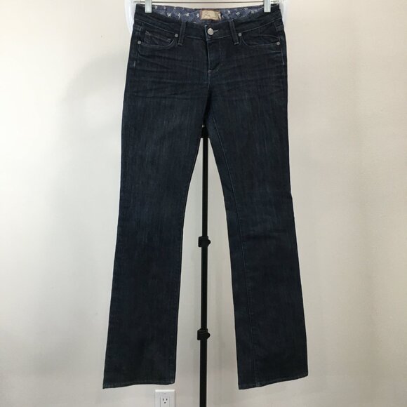 PAIGE Denim Dark Wash BEL AIR Classic Rise Boot Cut 5 Pocket Logo Hardware Jeans - Picture 1 of 12